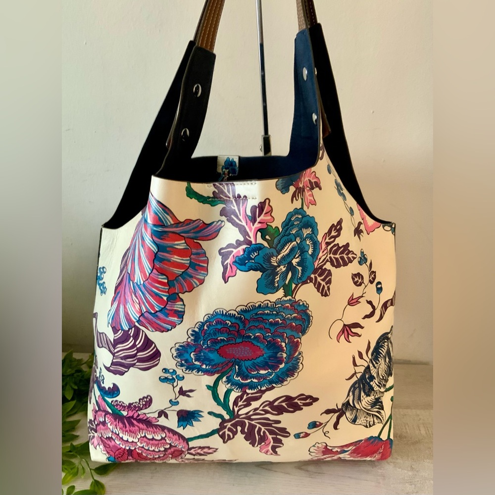 TORY BURCH RORY LARGE LEATHER HAPPY TIMES PRINTED TOTE W/POUCH - Picture 9 of 12